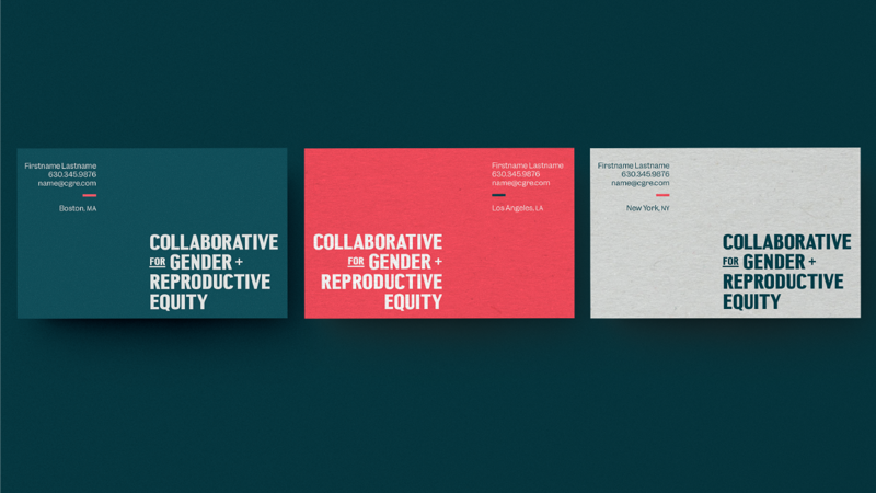 Three cgre businesscards, left to right: teal, coral and grey colored