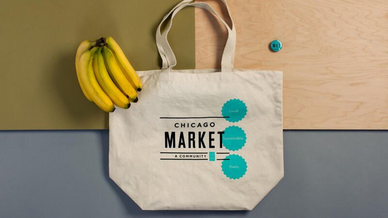 Chicago Market canvas tote bag with a button and bunch of bananas