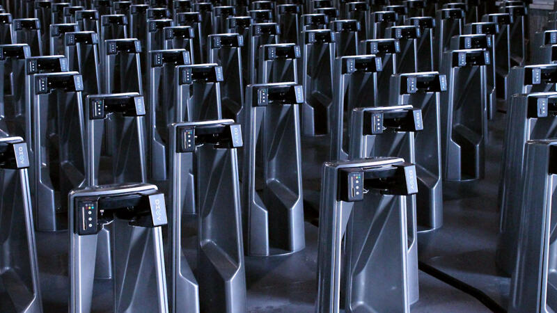Rows of Divvy docks in a warehouse