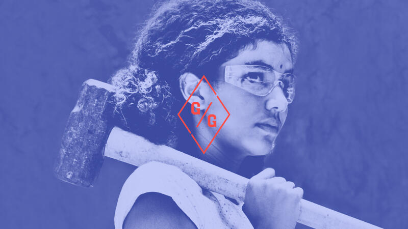 Girls Garage logo overlaid on image of young girl holding a sledge hammer and wearing protective goggles