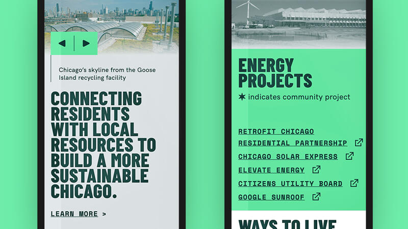 Mobile view of home page and energy projects page
